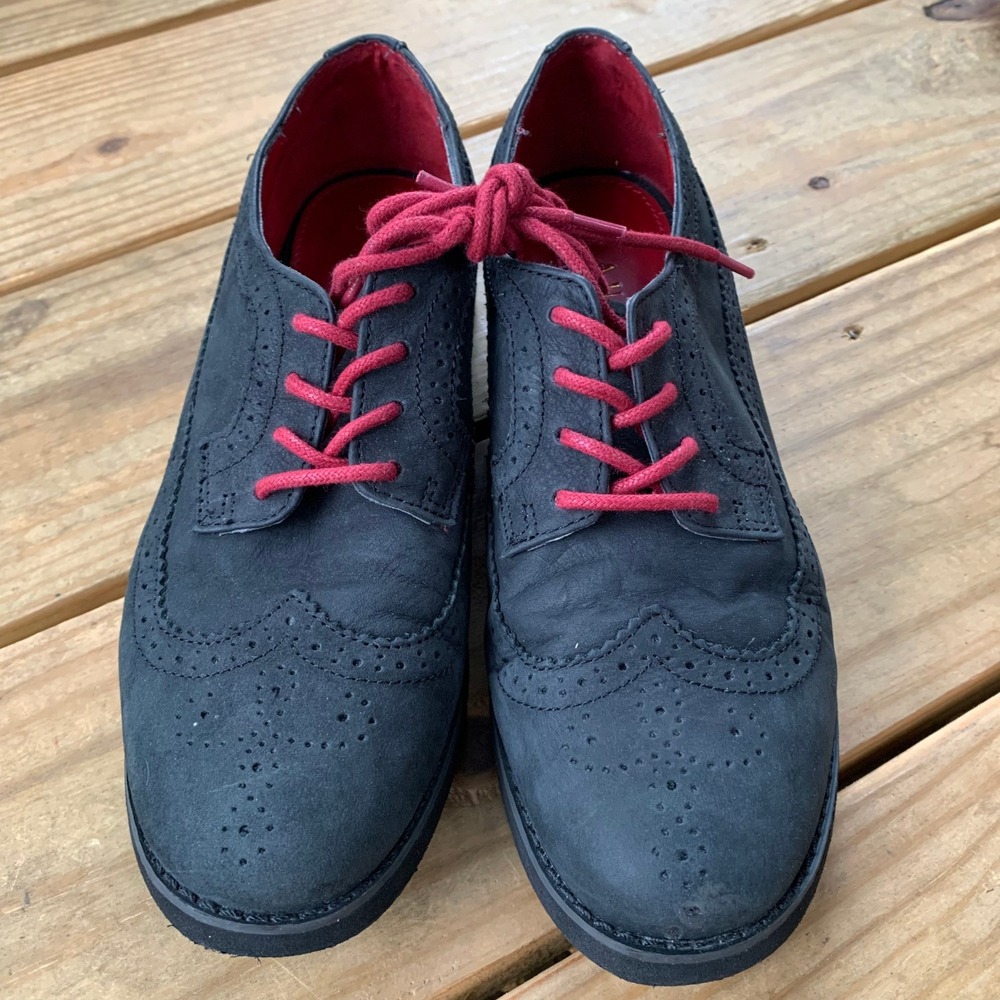 Lauren Ralph Lauren 7.5 Imogen Black Suede Leather Wingtip Oxford Lace Up Shoes